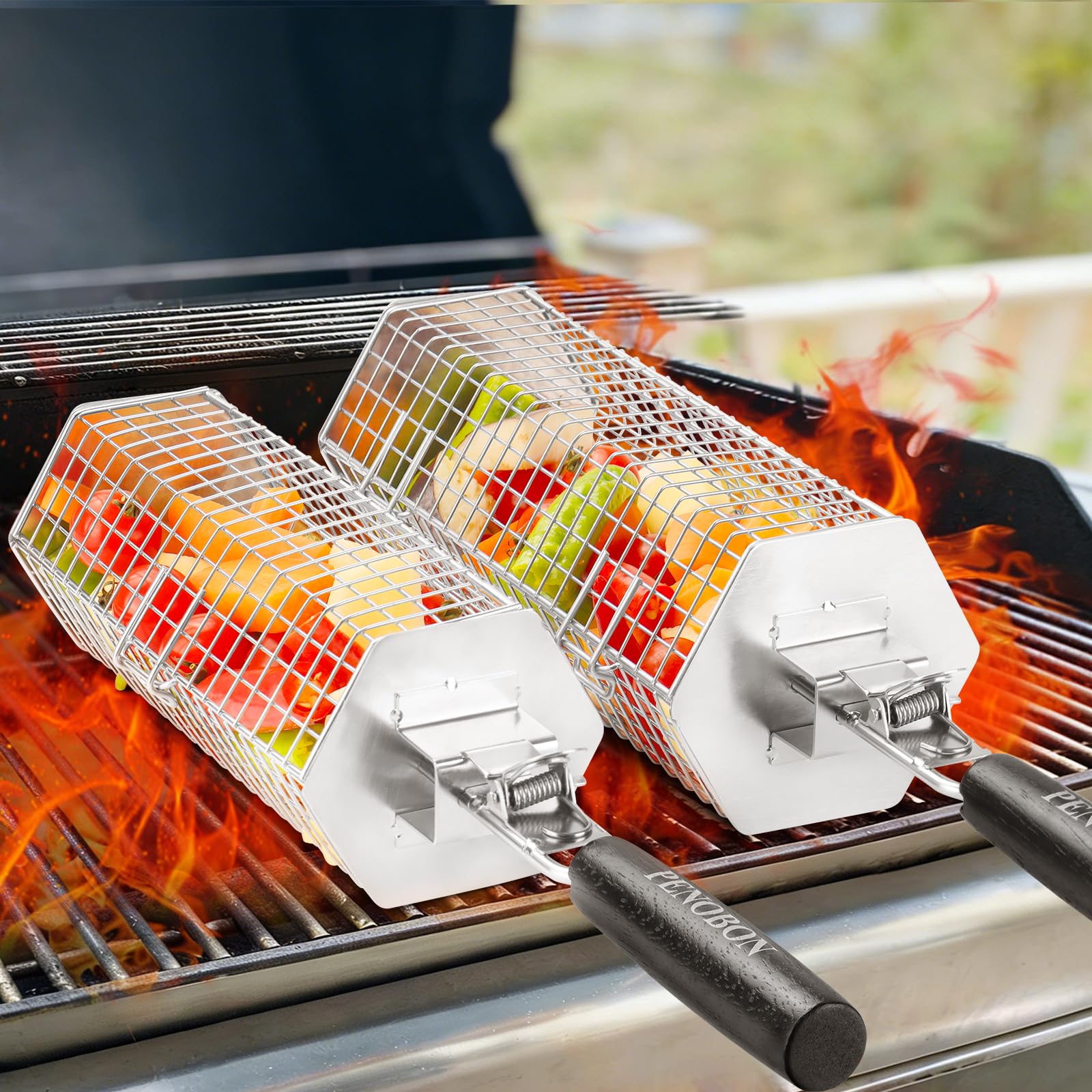 Penobon vegetables on basket enabling even heat and easy flipping