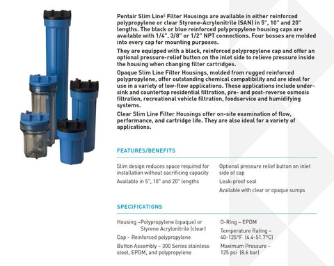 Pentek 158110 housing with pressure relief button, simplifies cartridge changes and reduces pressure buildup