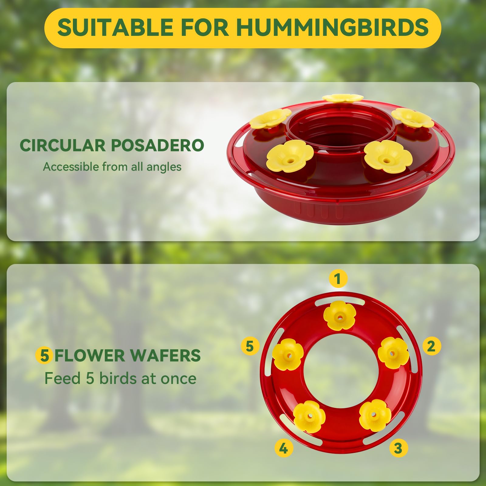 Penxua hummingbird feeder includes a built-in ant moat to deter intruders.