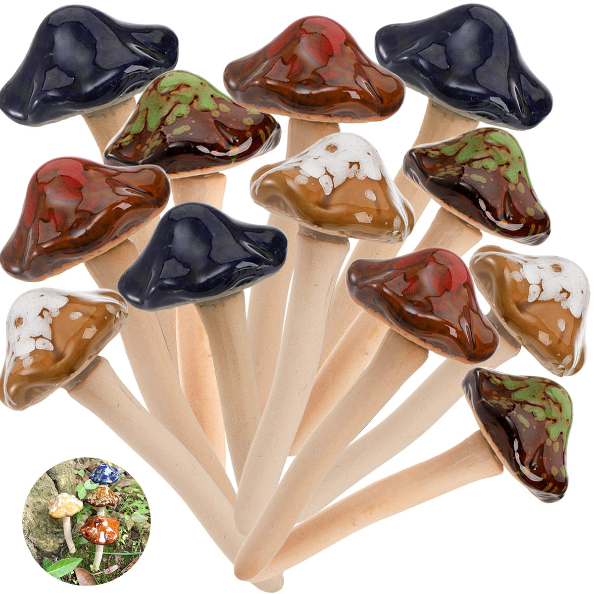 Peohud 12-pack ceramic mushrooms with four colors ready to brighten garden borders.
