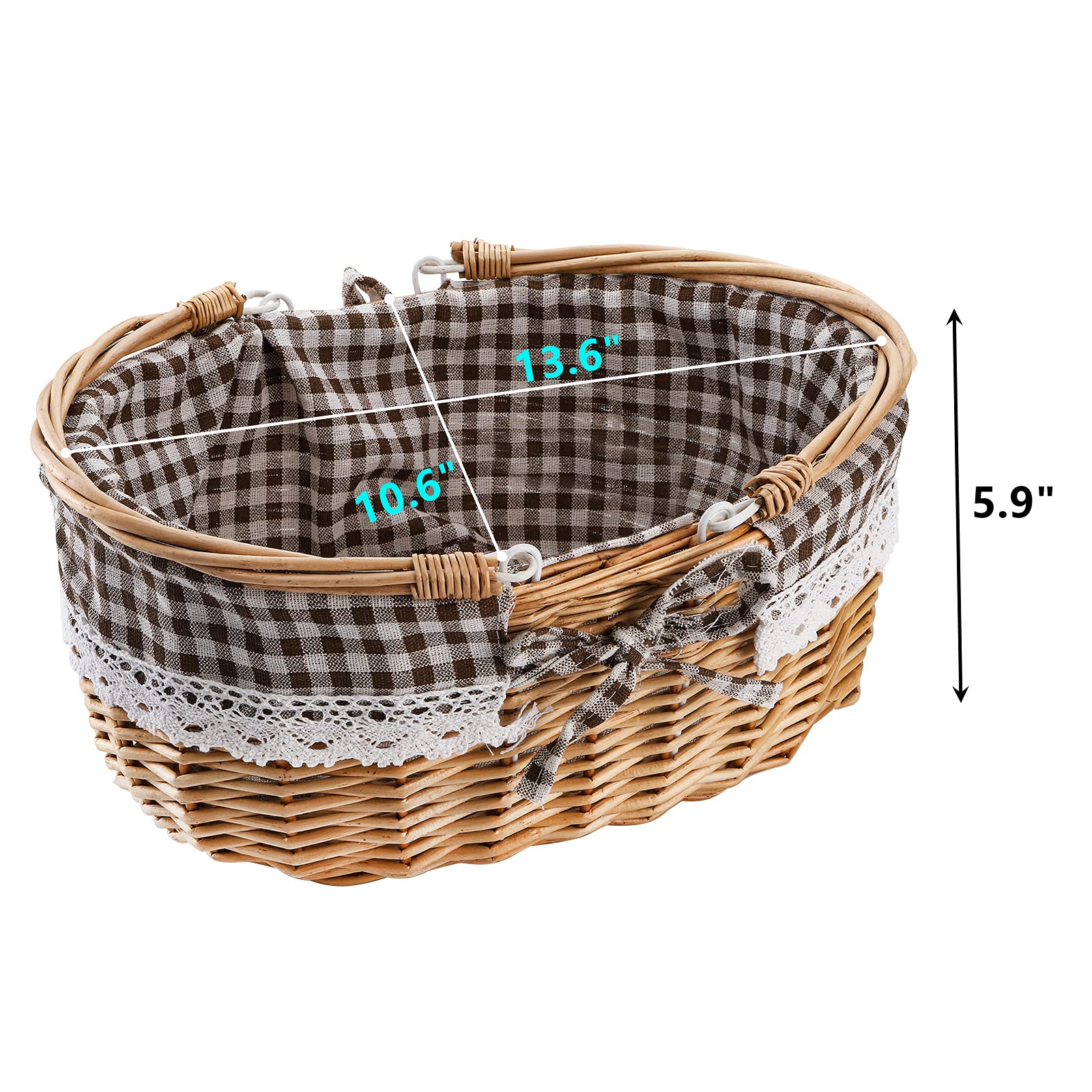Peohud wicker picnic basket interior with grid linen for simple cleaning after picnics.