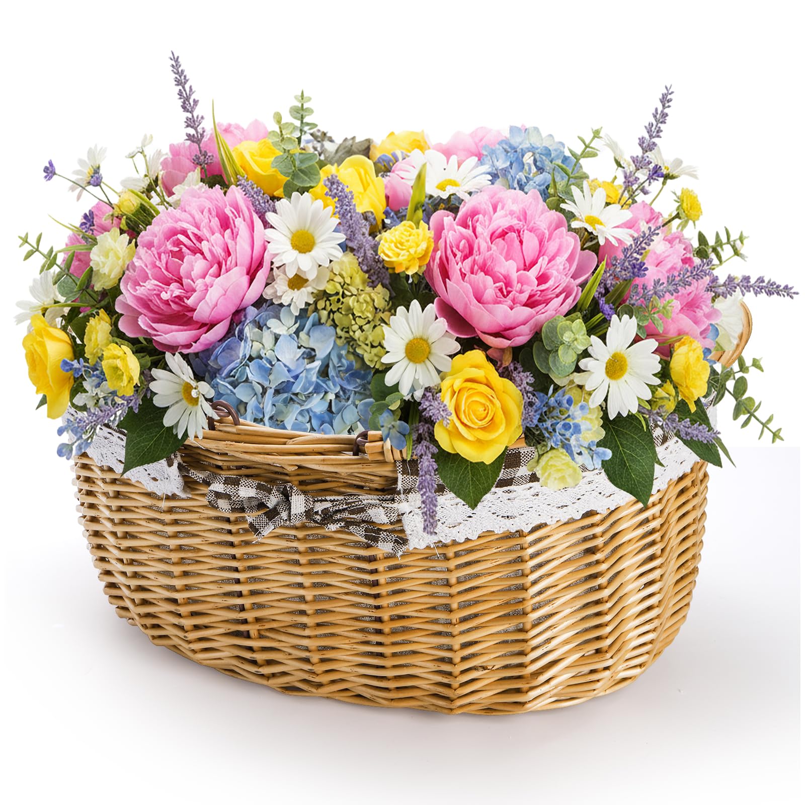 Peohud wicker basket outdoors on grass, perfect for a portable al fresco meal.