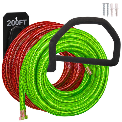 PeoMev wall mount hose holder keeps 300 ft hose neatly organized outdoors.