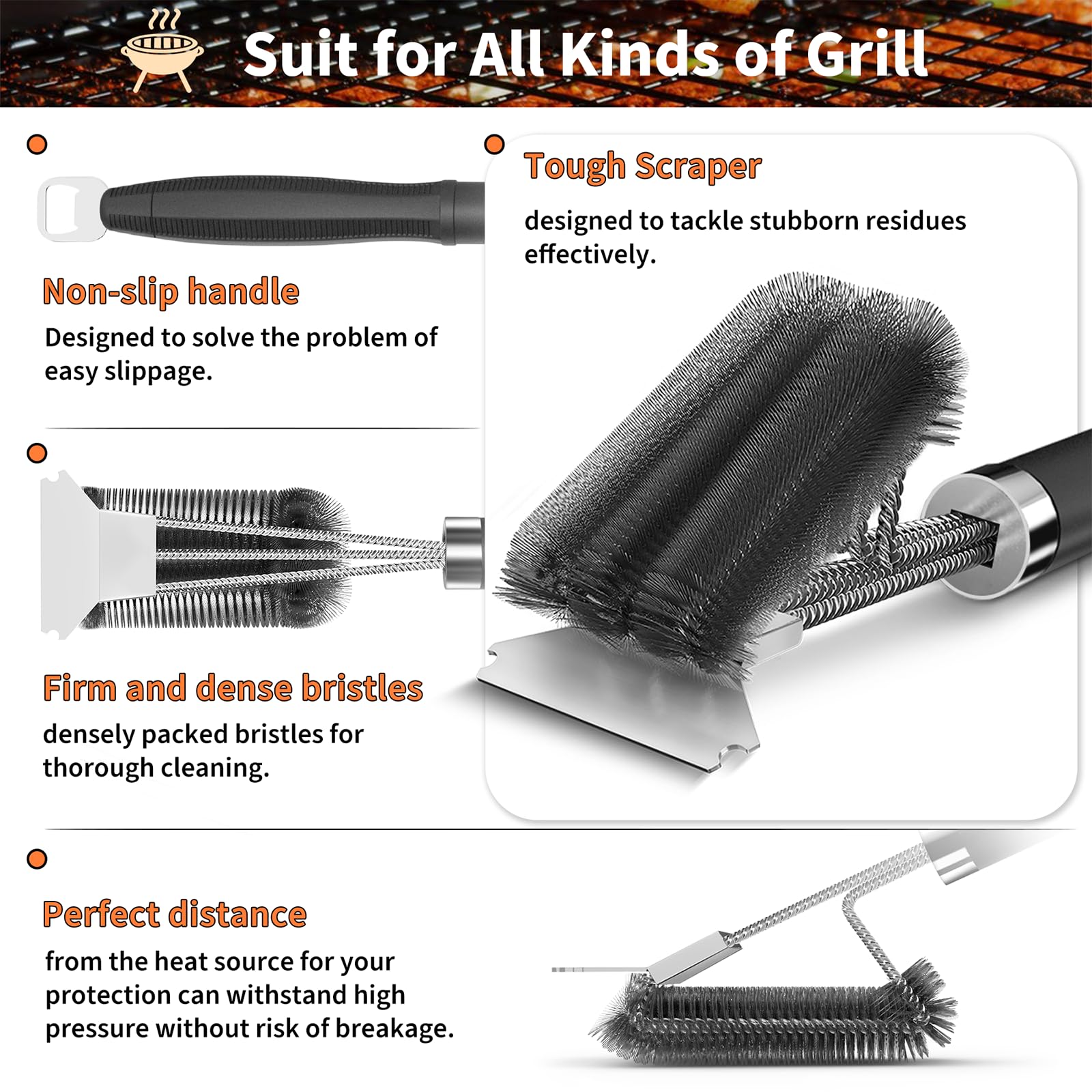 PePeng deep-clean scraper removes stubborn grease from charcoal and gas grates.