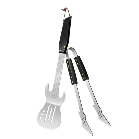 PEPKICN rock guitar spatula front view, sturdy stainless steel for flipping burgers.