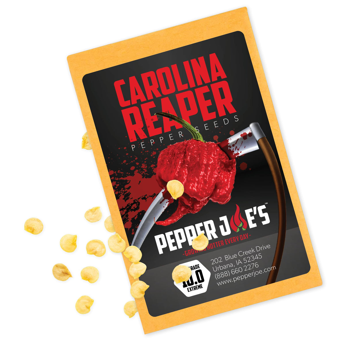 Pepper Joe's Carolina Reaper seeds pack front—premium gardening start for heat lovers.