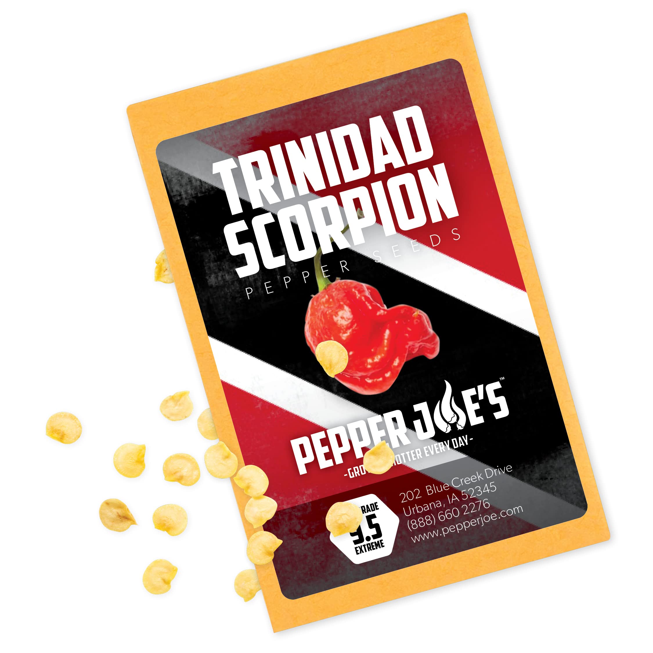 Pepper Joe's Trinidad Scorpion seeds pack ready for garden planting.