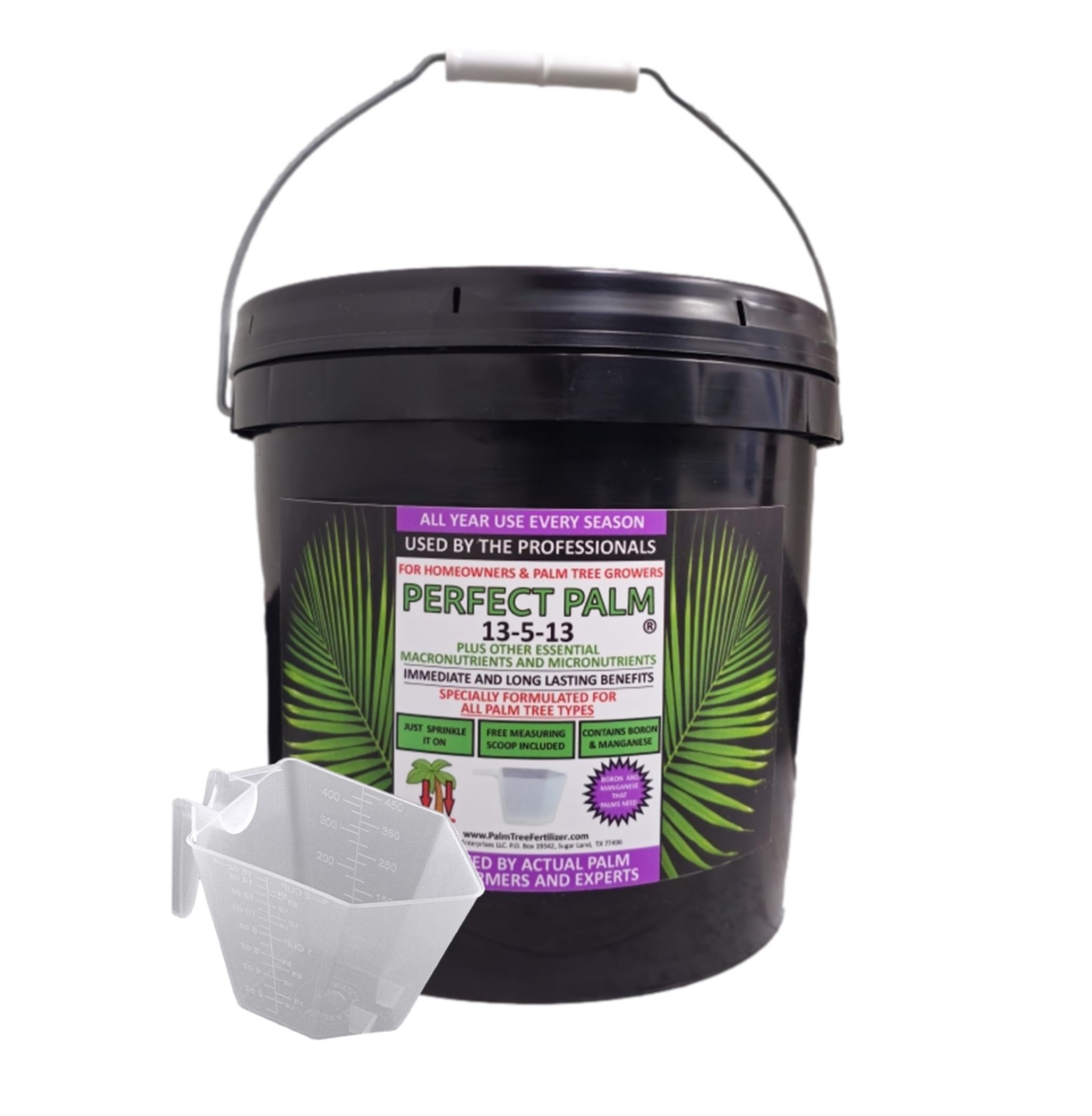 Perfect Palm 14 lb dual-action fertilizer bottle for healthier palms and easy handling.