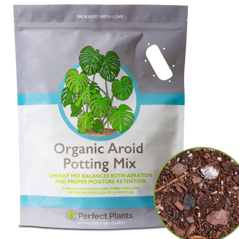 Perfect Plants Aroid Potting Mix bag closeup showing a nutrient-rich base for thriving houseplants.
