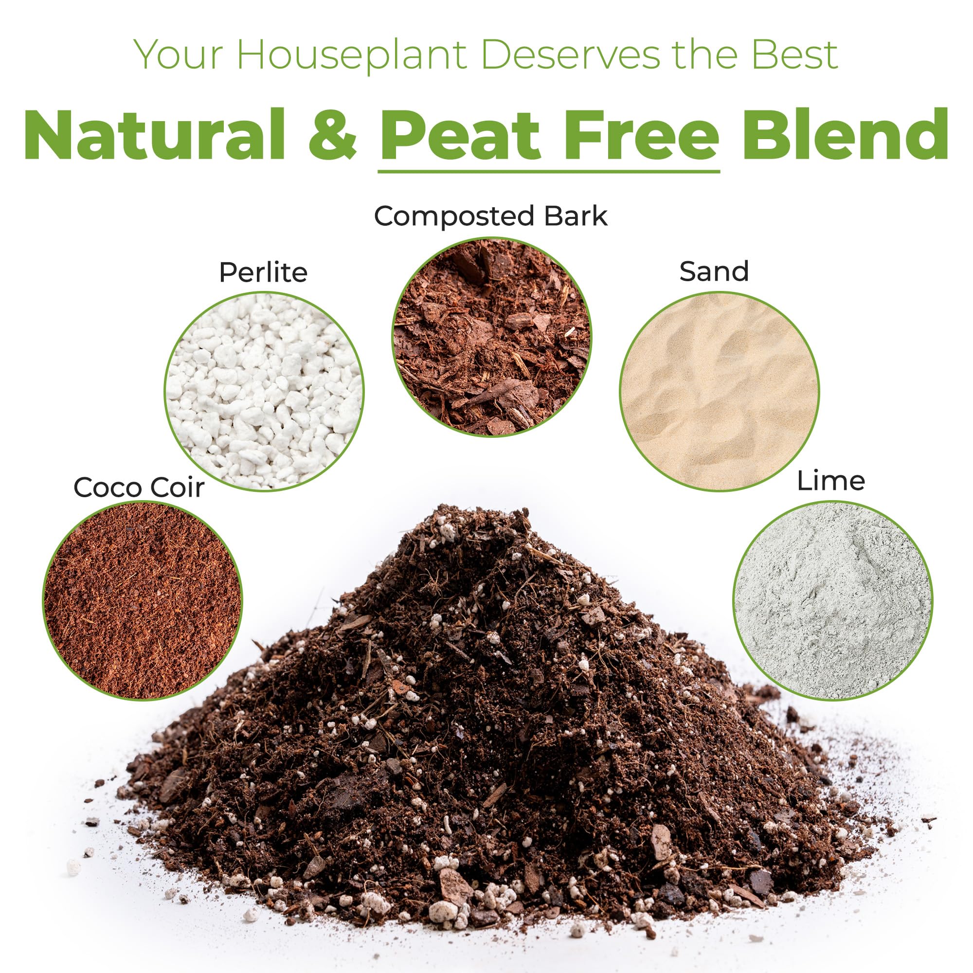 Perfect Plants balanced potting mix closeup highlights organic materials for healthy roots.