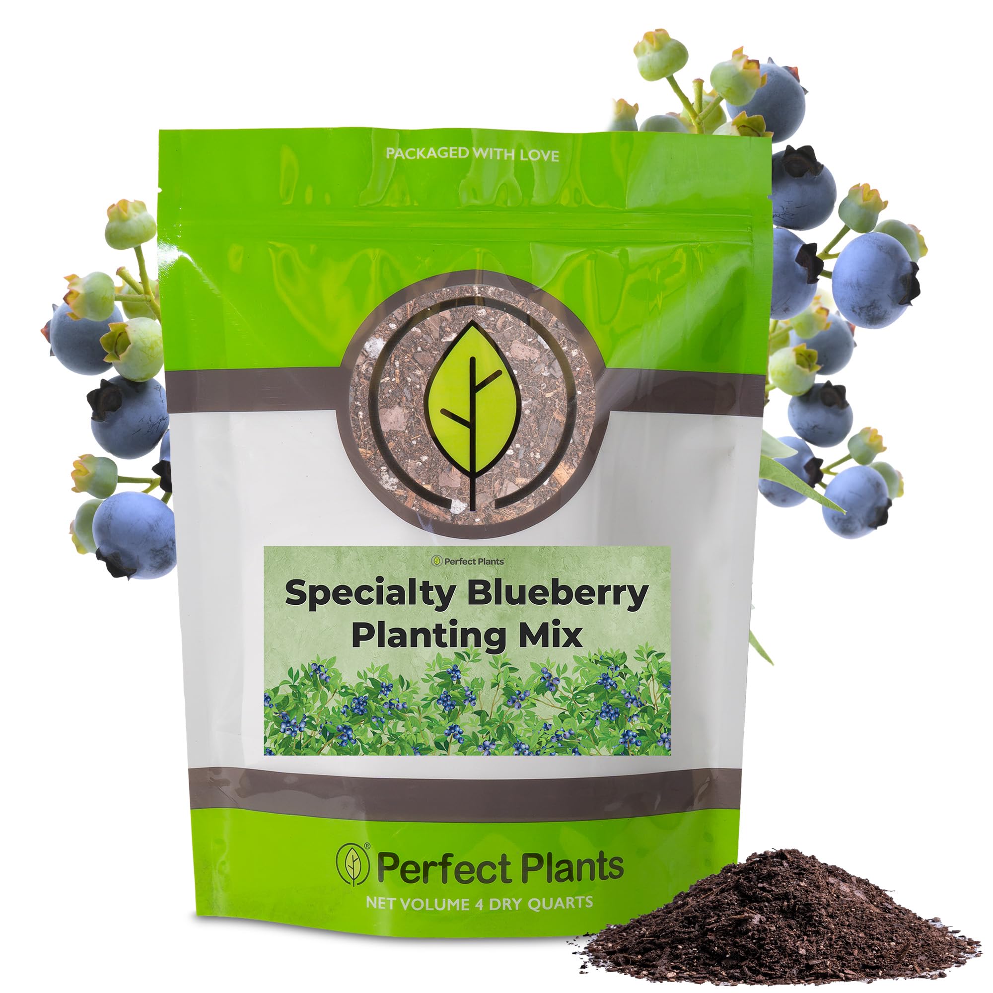 Perfect Plants blueberry potting mix bag label highlights organic premium blend for acid-loving shrubs