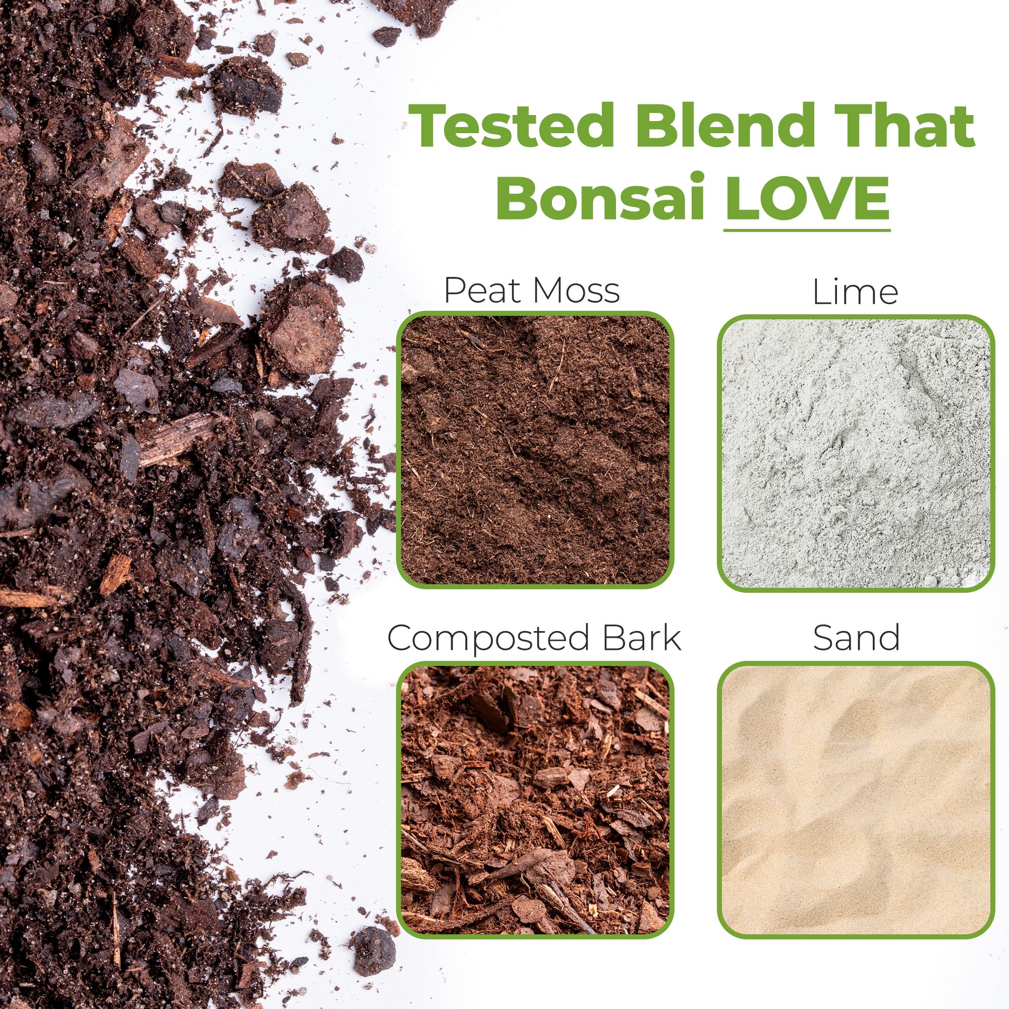 Perfect Plants organic blend enhances drainage and moisture control for bonsai.