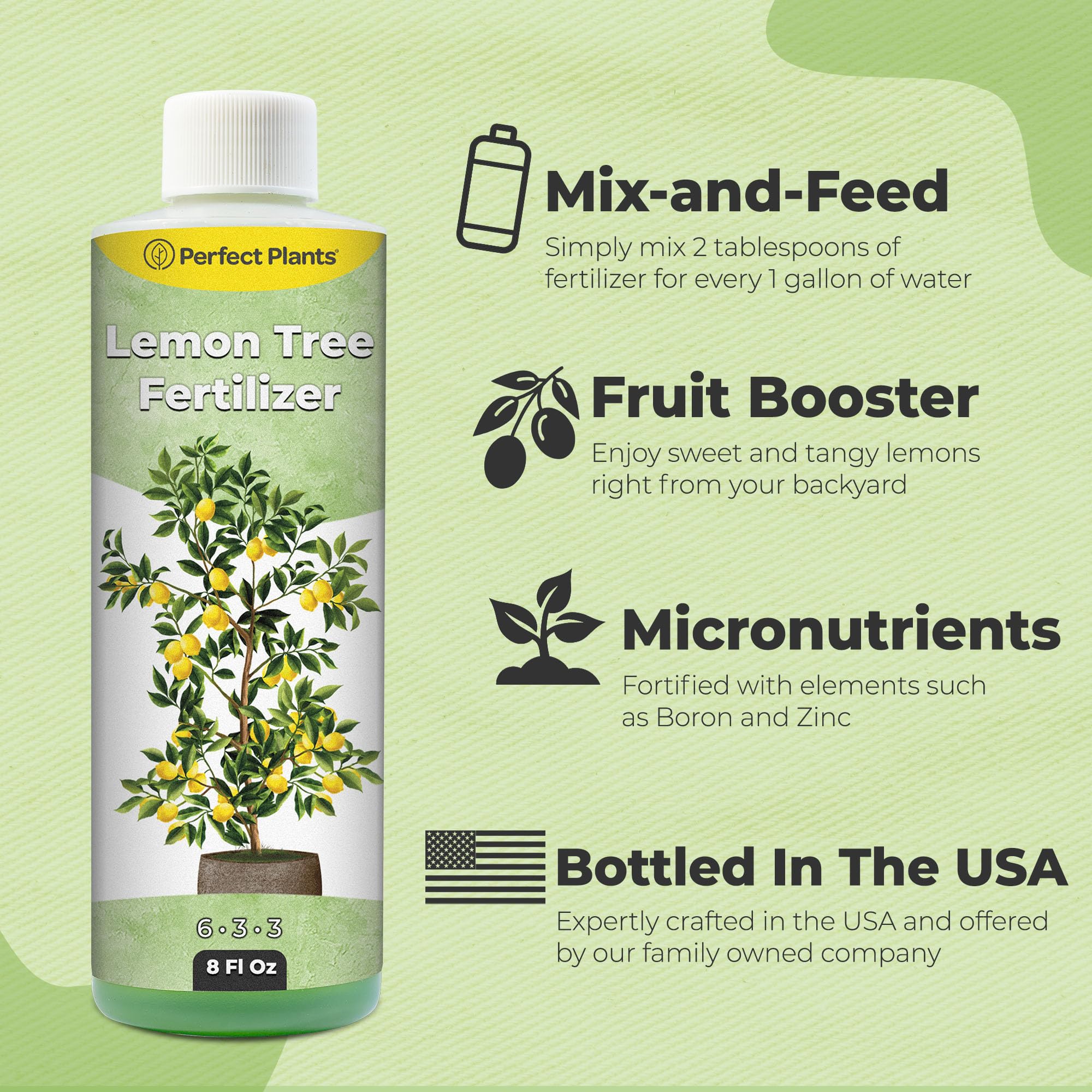 Perfect Plants Fertilizer in garden scene suggests vibrant fruiting and lush citrus foliage.