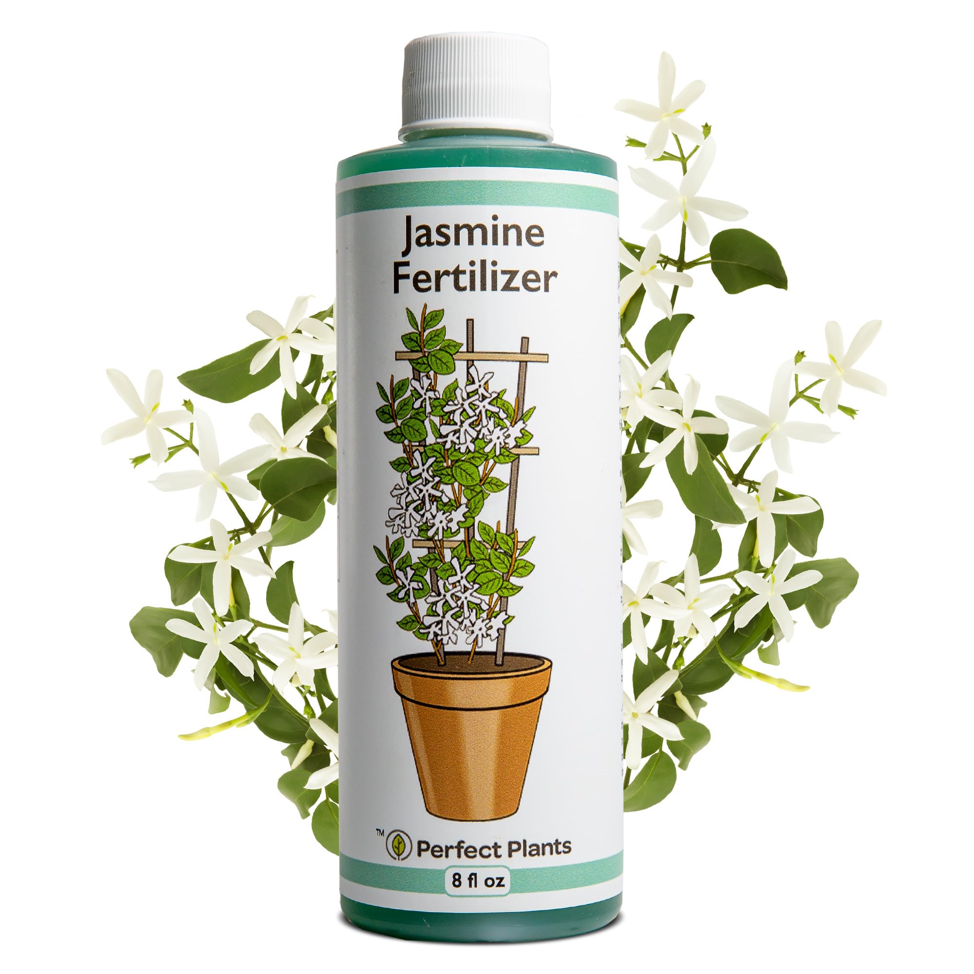 Perfect Plants Liquid Jasmine Fertilizer bottle boosts vibrant jasmine growth indoors and outdoors.