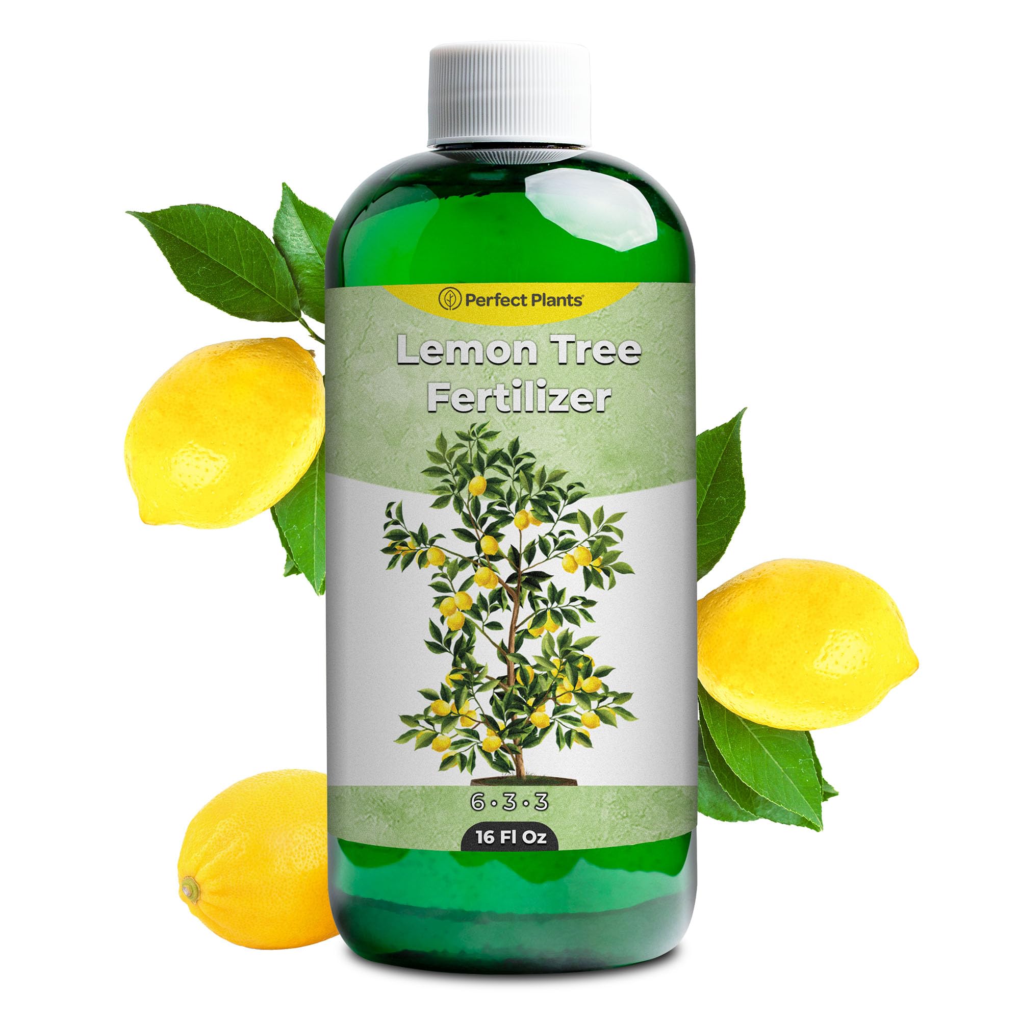 PERFECT PLANTS Liquid Lemon Tree Fertilizer bottle pouring to feed citrus roots.