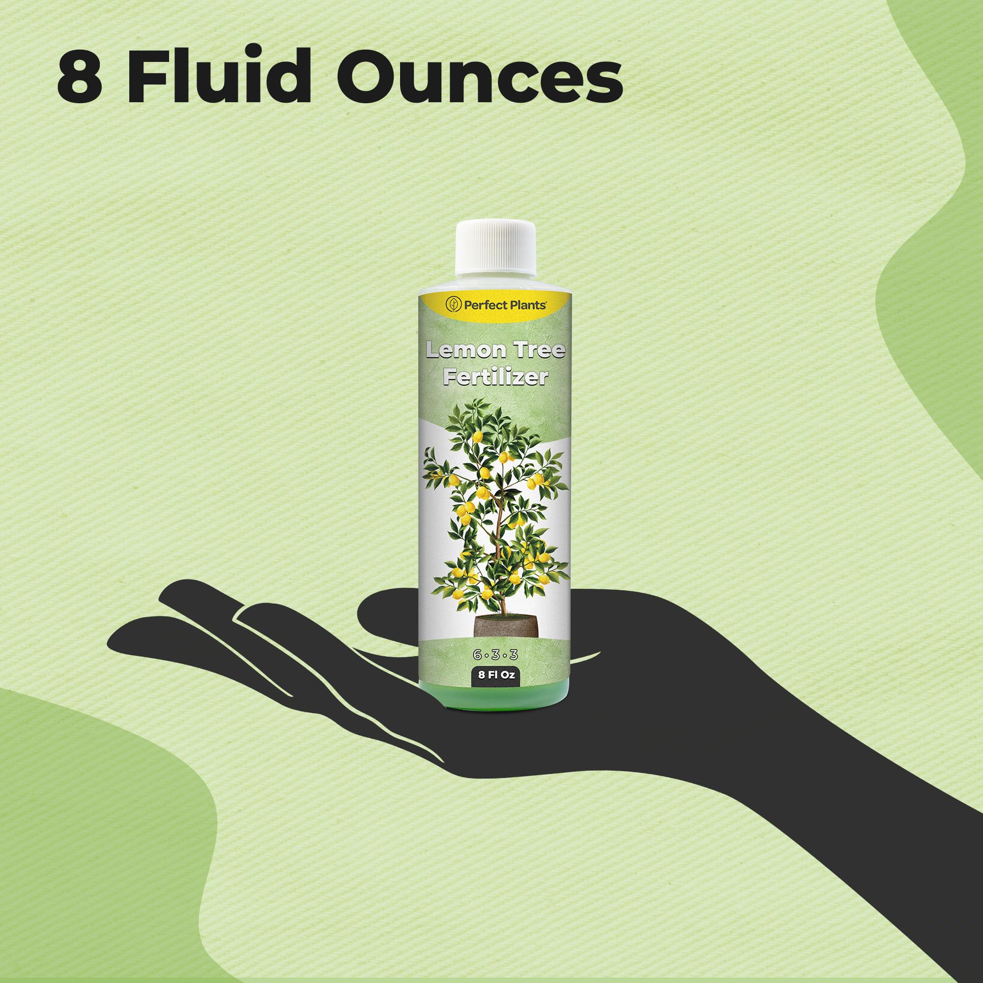 Perfect Plants Liquid Lemon Tree Fertilizer dosing spoon shows easy feeding for prolific blooms.