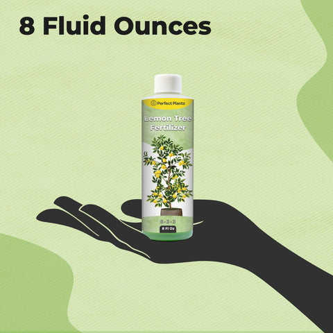 Perfect Plants Liquid Lemon Tree Fertilizer dosing spoon shows easy feeding for prolific blooms.