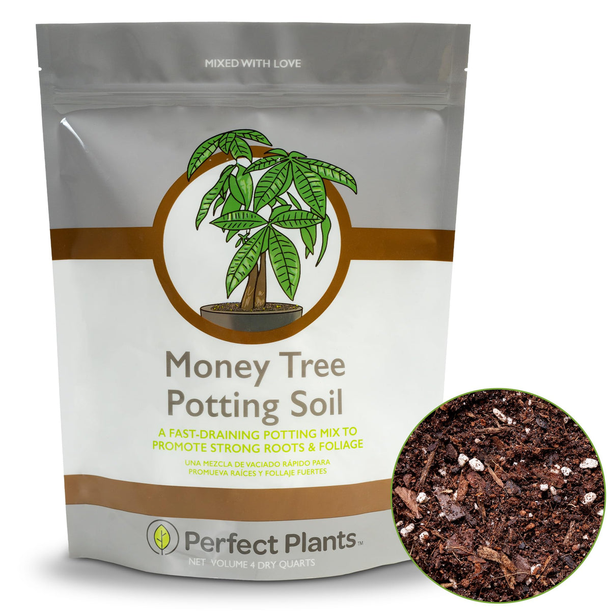 Perfect Plants Money Tree Potting Soil pour bag shows a moisture-controlled coir mix.