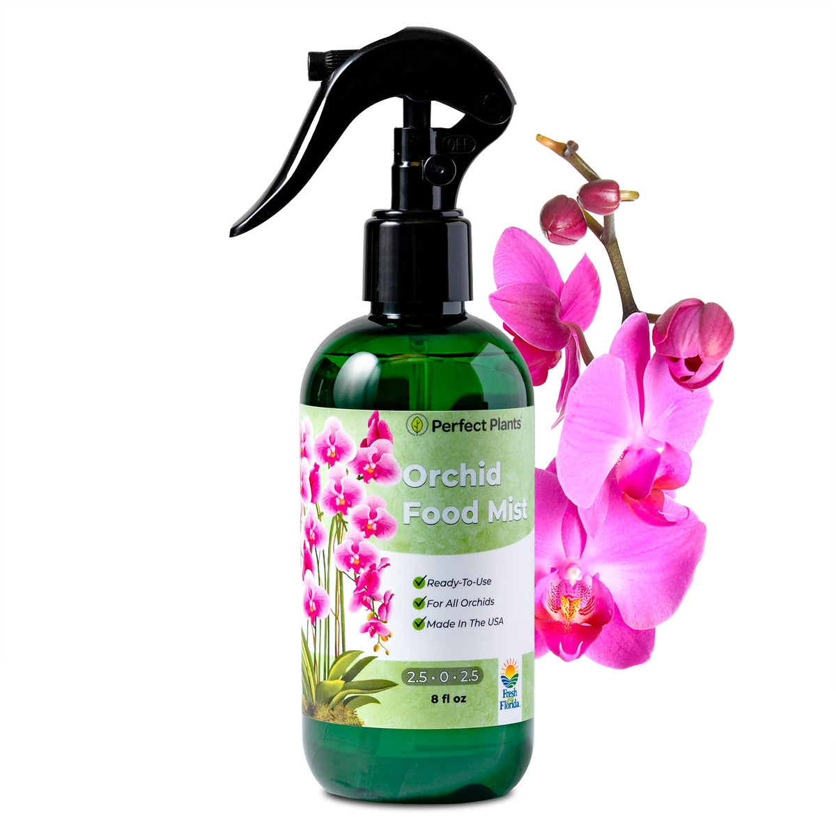 Perfect Plants Orchid Fertilizer Mist bottle closeup showing ready-to-use foliar feed.