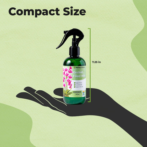 Perfect Plants Orchid Fertilizer Mist emphasizes balanced nutrients for leafy shine.