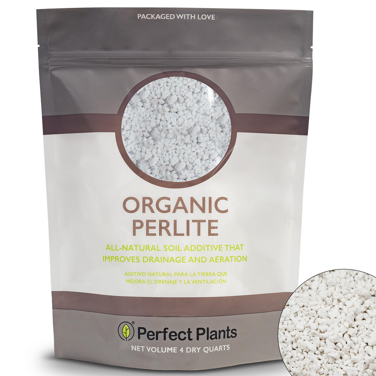 PERFECT PLANTS Organic Perlite packaging close-up, convenient soil amendment.