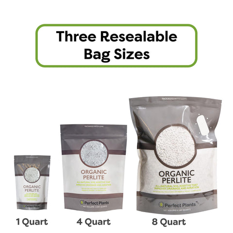 PERFECT PLANTS Organic Perlite bag highlights durable soil structure for long-term container use.