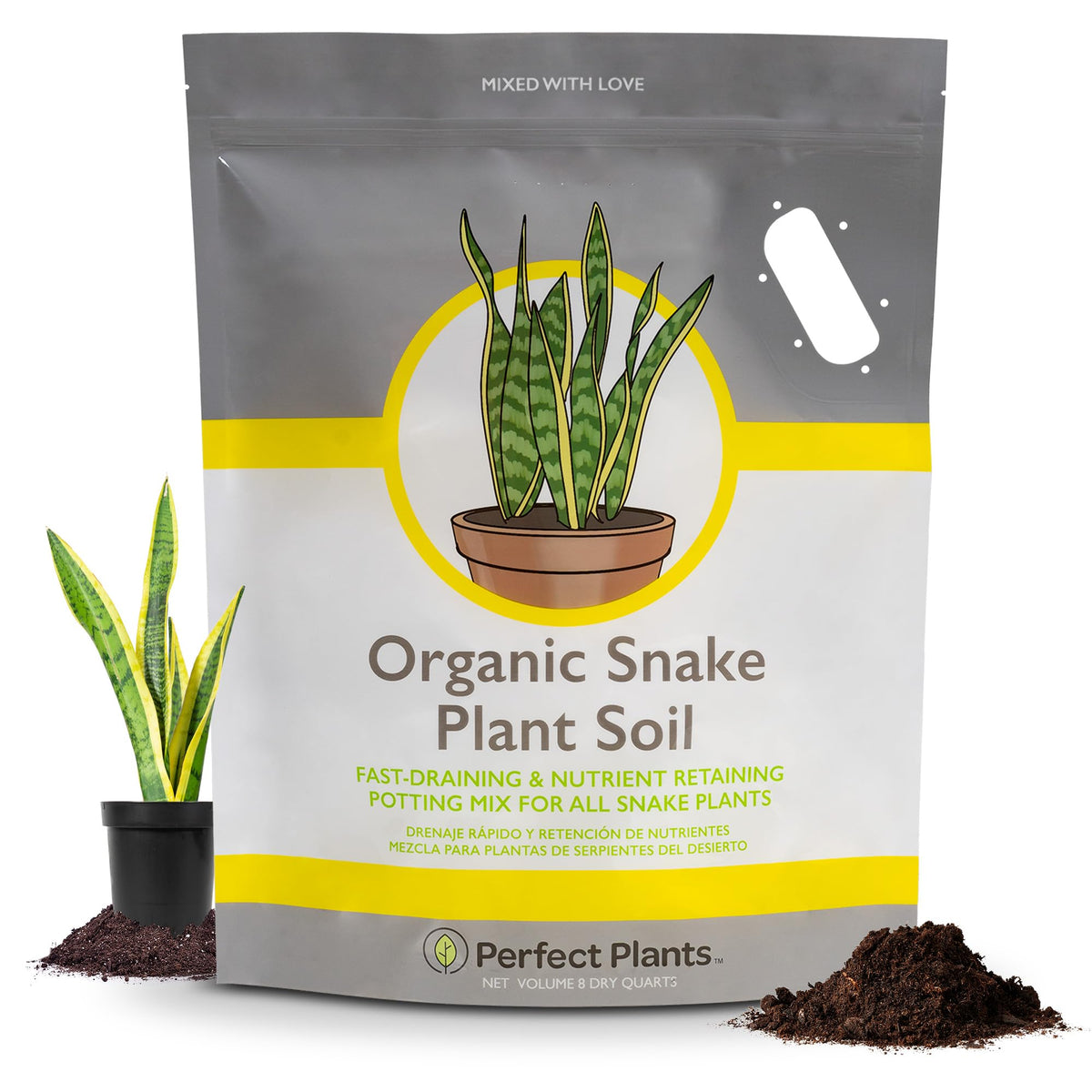PERFECT PLANTS Snake Plant Soil bag 8qt side view, USA-made packaging for convenience.