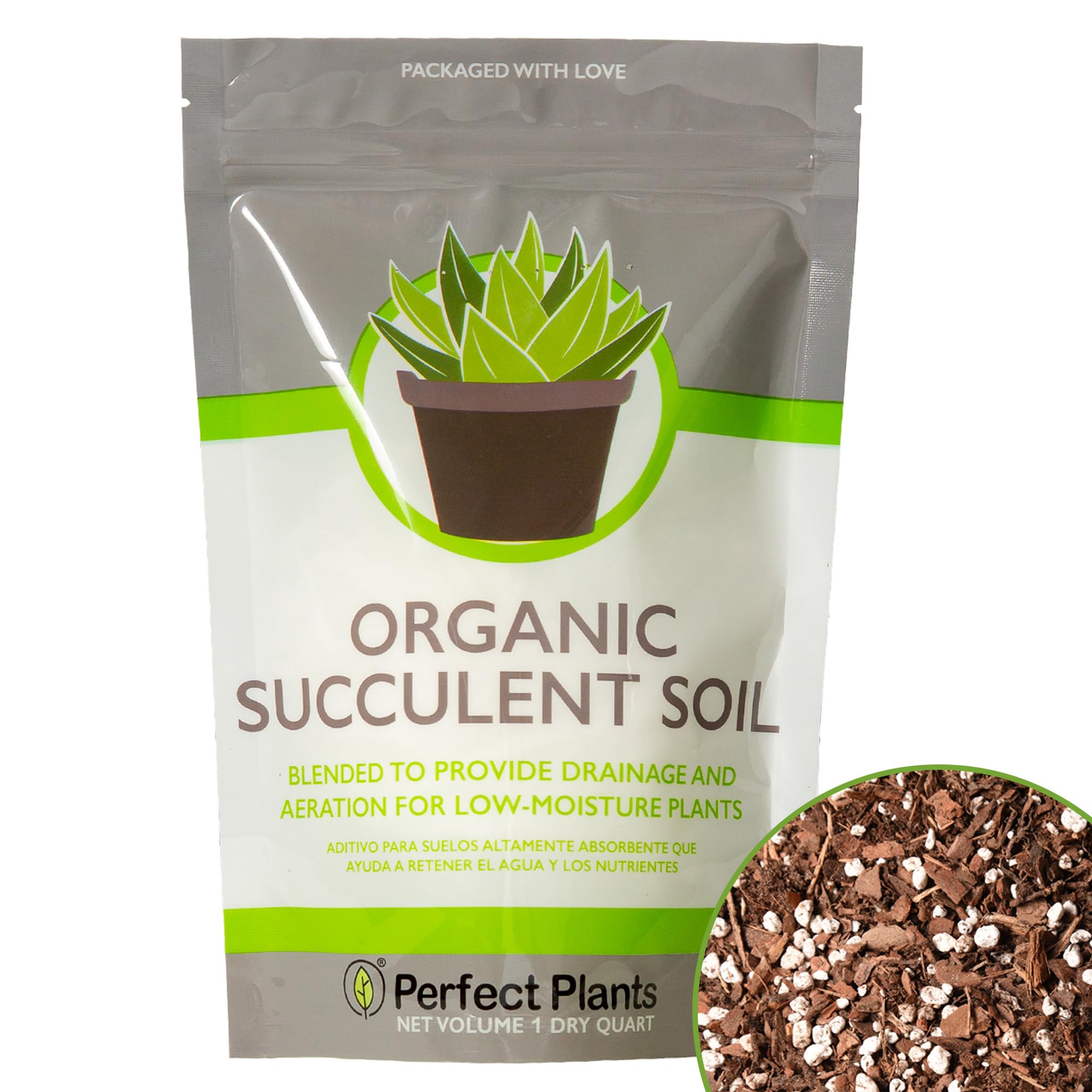 Perfect Plants succulent soil mix bag shows 1qt size and fresh contents for healthy roots