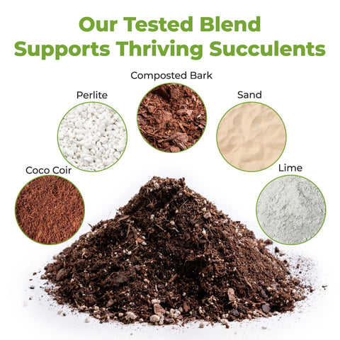 Perfect Plants soil mix ingredients—coir, pine bark, perlite, sand—for balanced drainage.