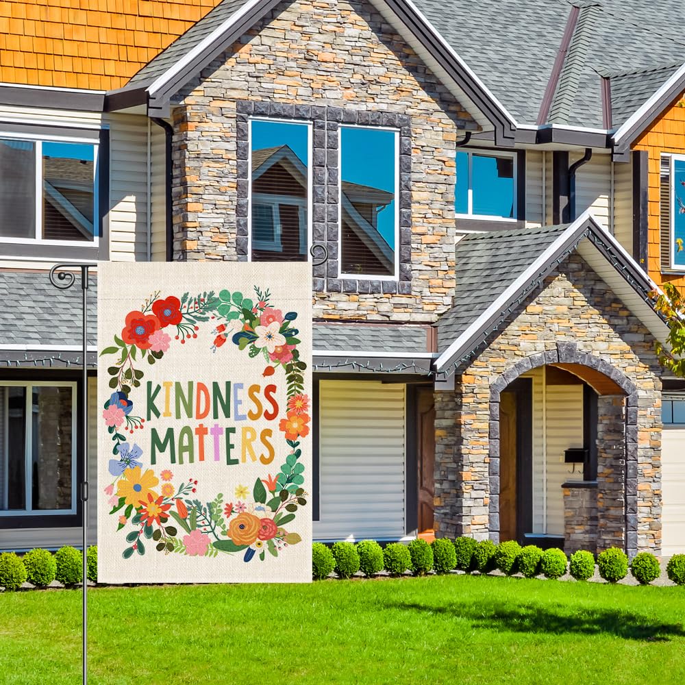 Vivid floral pattern on Perfectinsoy Kindness Matters flag brightens porches