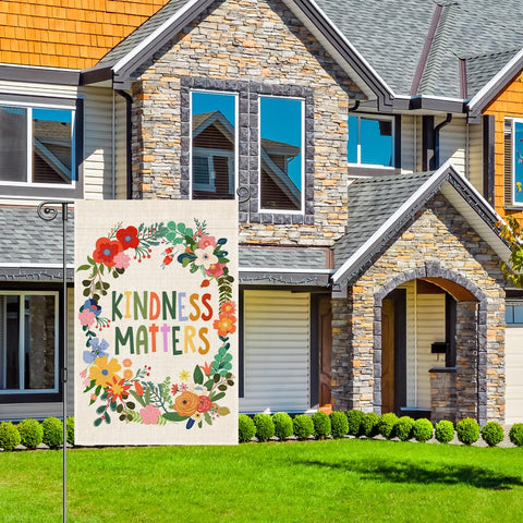 Vivid floral pattern on Perfectinsoy Kindness Matters flag brightens porches
