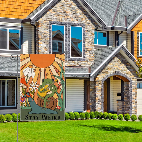 Perfectinsoy Stay Weird flag yard decor setup brightens porches and lawns.