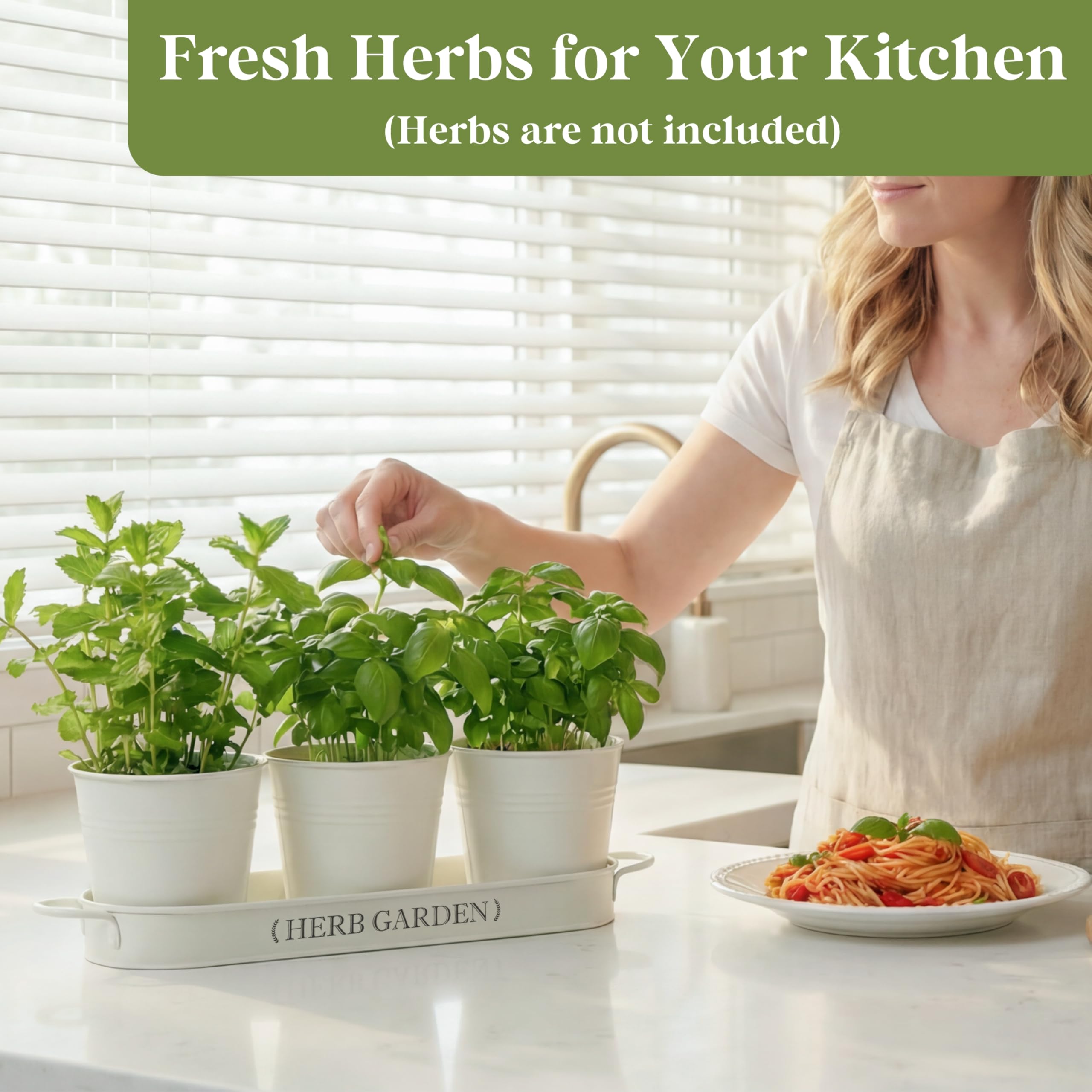 PERFNIQUE metal herb pots with white finish adding farmhouse style while growing herbs.