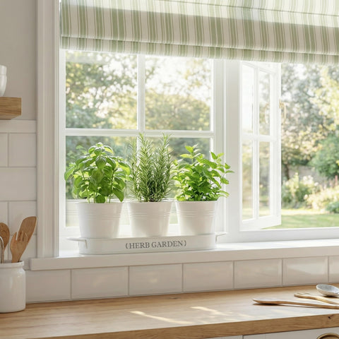 PERFNIQUE sunlit kitchen herb display enhances daily cooking with greenery.