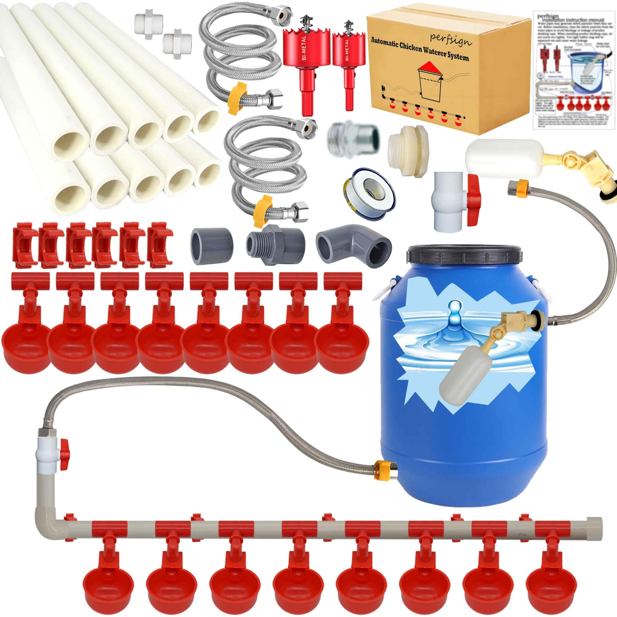 Perfsign complete pvc-pipeline chicken waterer ready for quick DIY setup and reliable poultry hydration