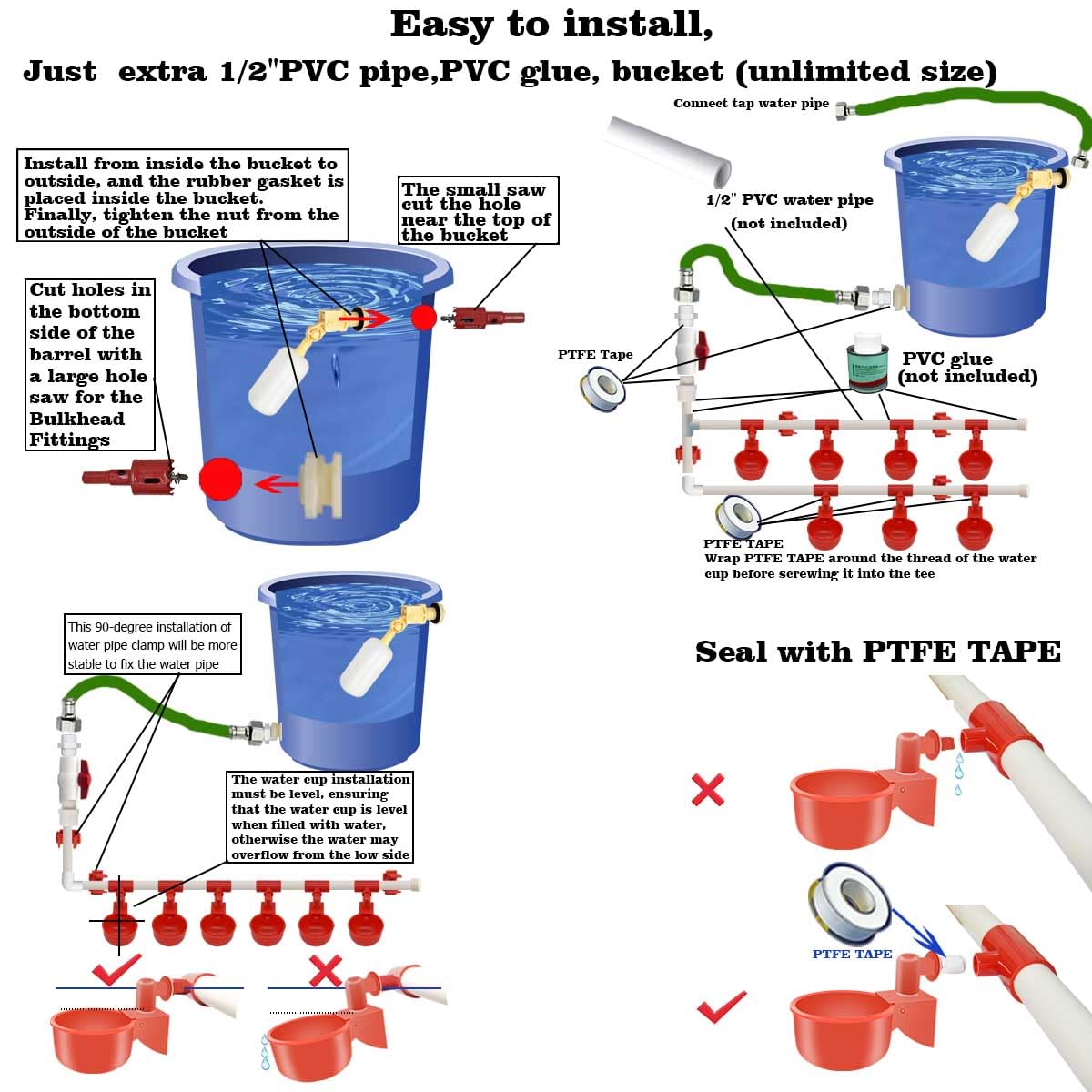 Perfsign drinking cups mounted on coop provide consistent access to water.