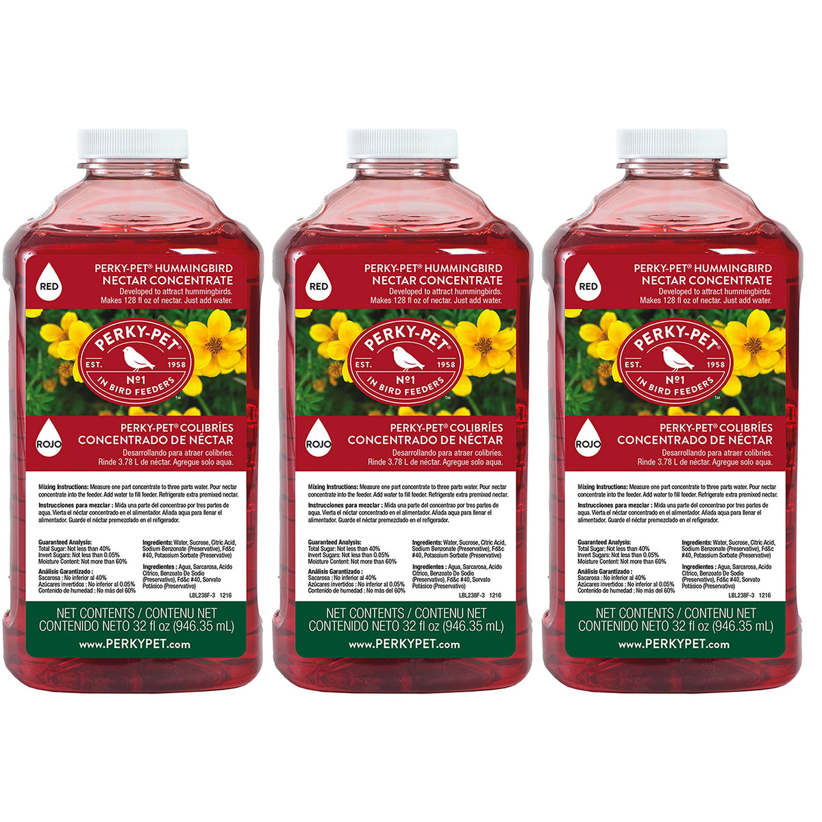 Perky-Pet 238 red nectar bottle for quick, easy hummingbird feeding.
