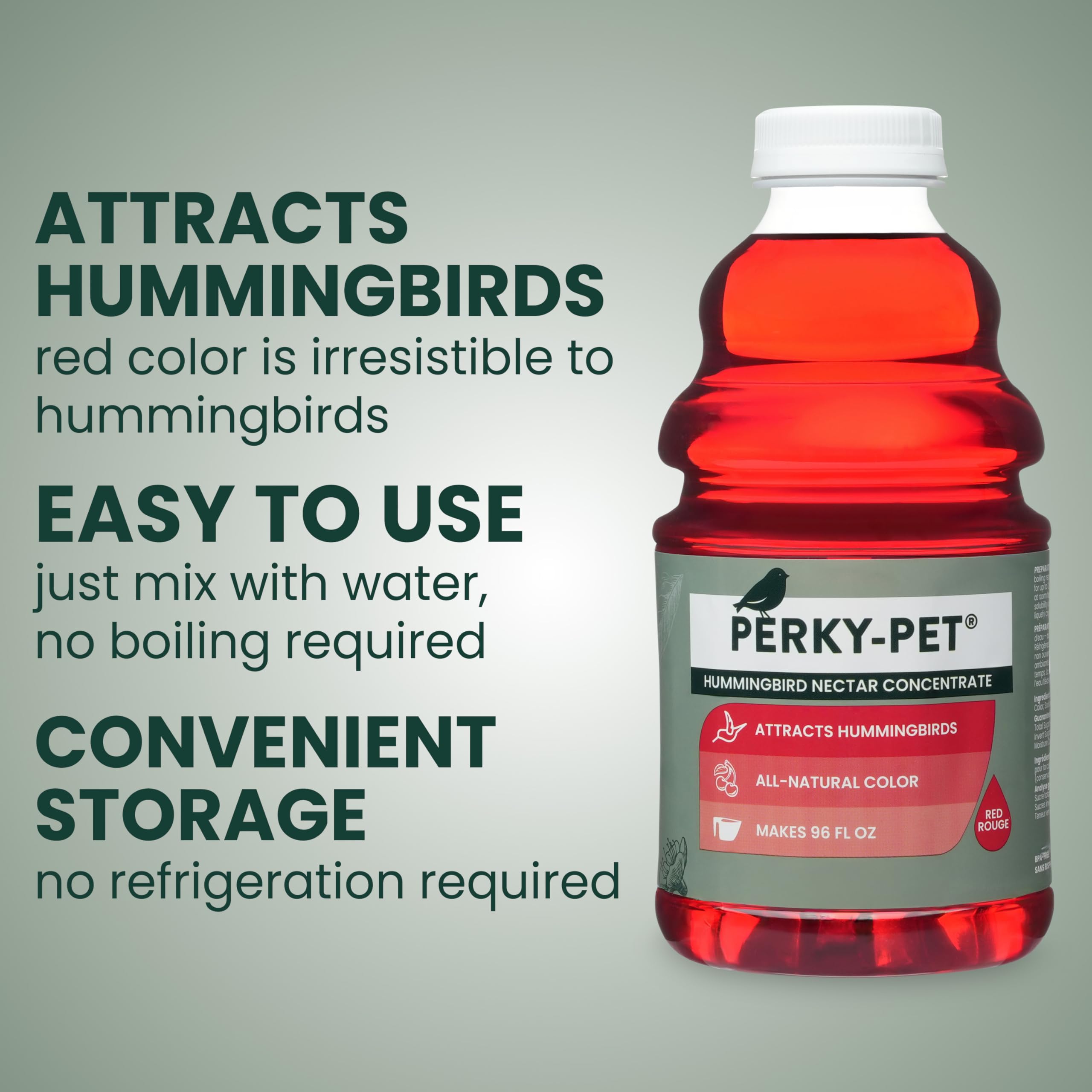 Perky-Pet 32-ounce bottle displayed, ready to create up to 96 ounces of nectar.
