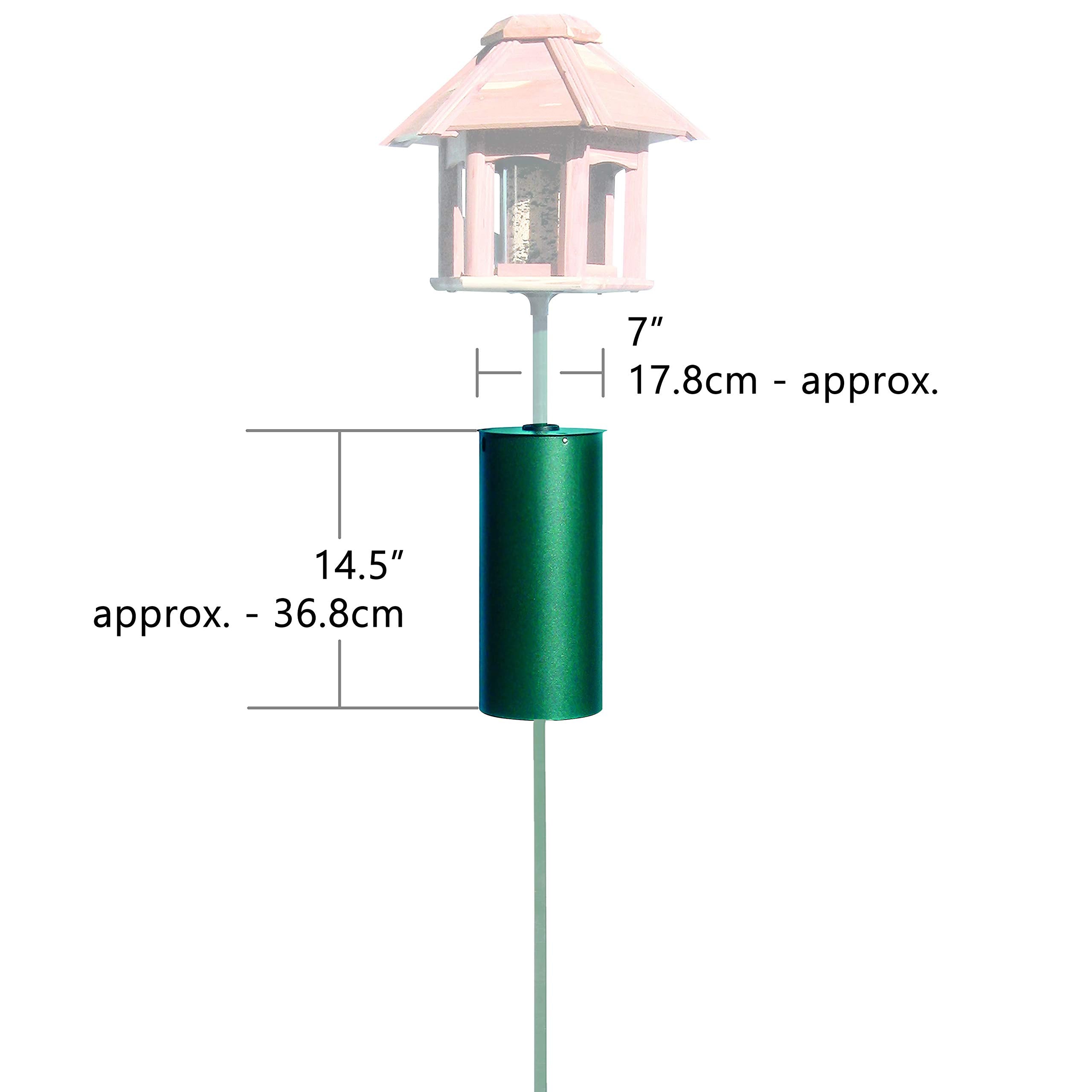 Perky-Pet 341 green metal pole baffler mounted on a pole, easy feeder protection.