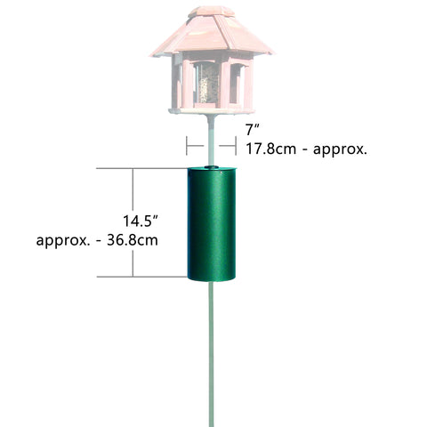 Perky-Pet 341 green metal pole baffler mounted on a pole, easy feeder protection.