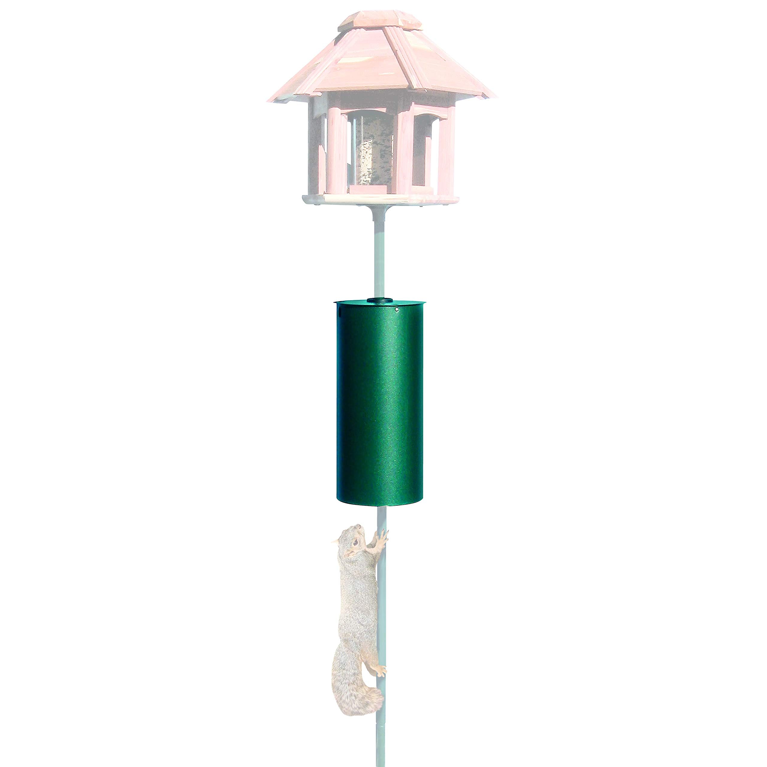 Perky-Pet 341 green metal pole baffler, top view, blocks squirrels from seed access.