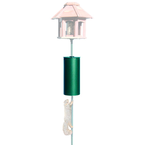 Perky-Pet 341 green metal pole baffler, top view, blocks squirrels from seed access.