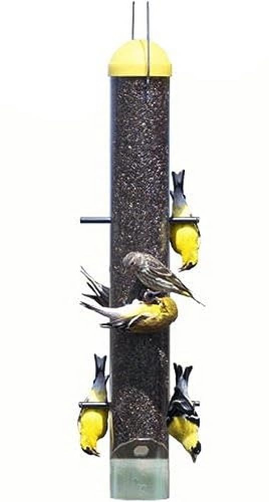 Perky-Pet 399 upside-down thistle feeder front view enabling undisturbed goldfinch feeding