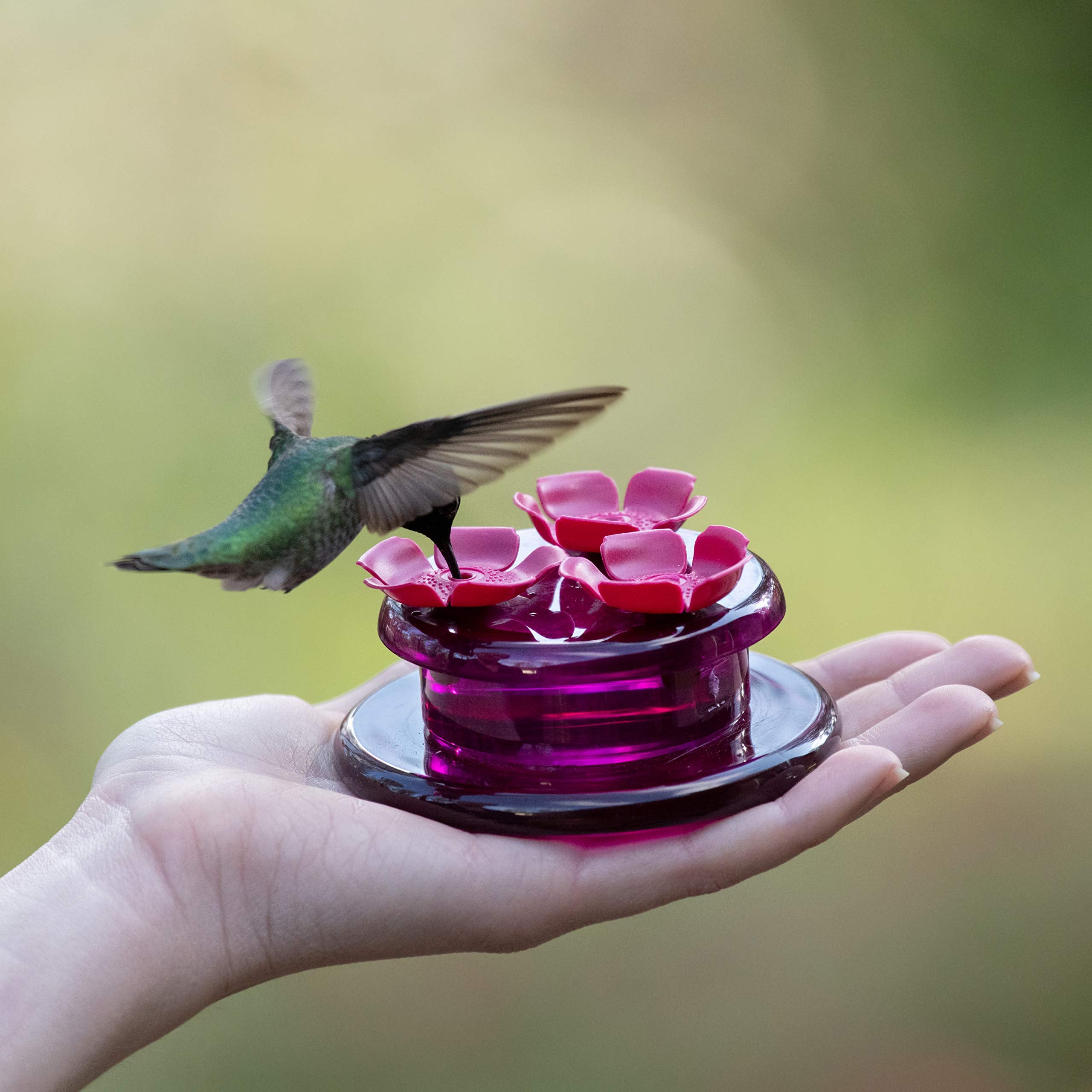 Perky-Pet 9100 tabletop hummingbird feeder on a flat surface for steady feeding.