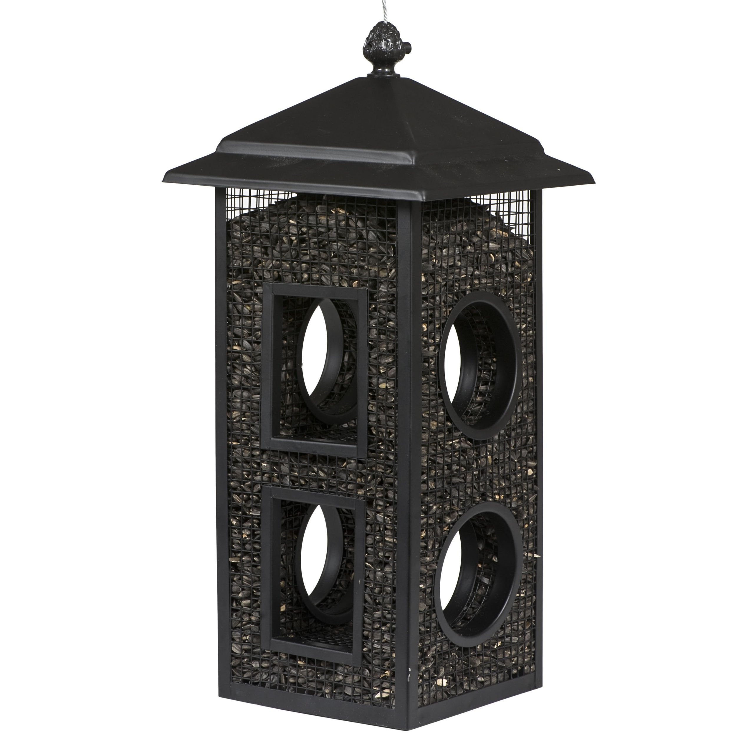 Perky-Pet Fly-Thru feeder front view with four mesh sides attracting clinging birds to dine