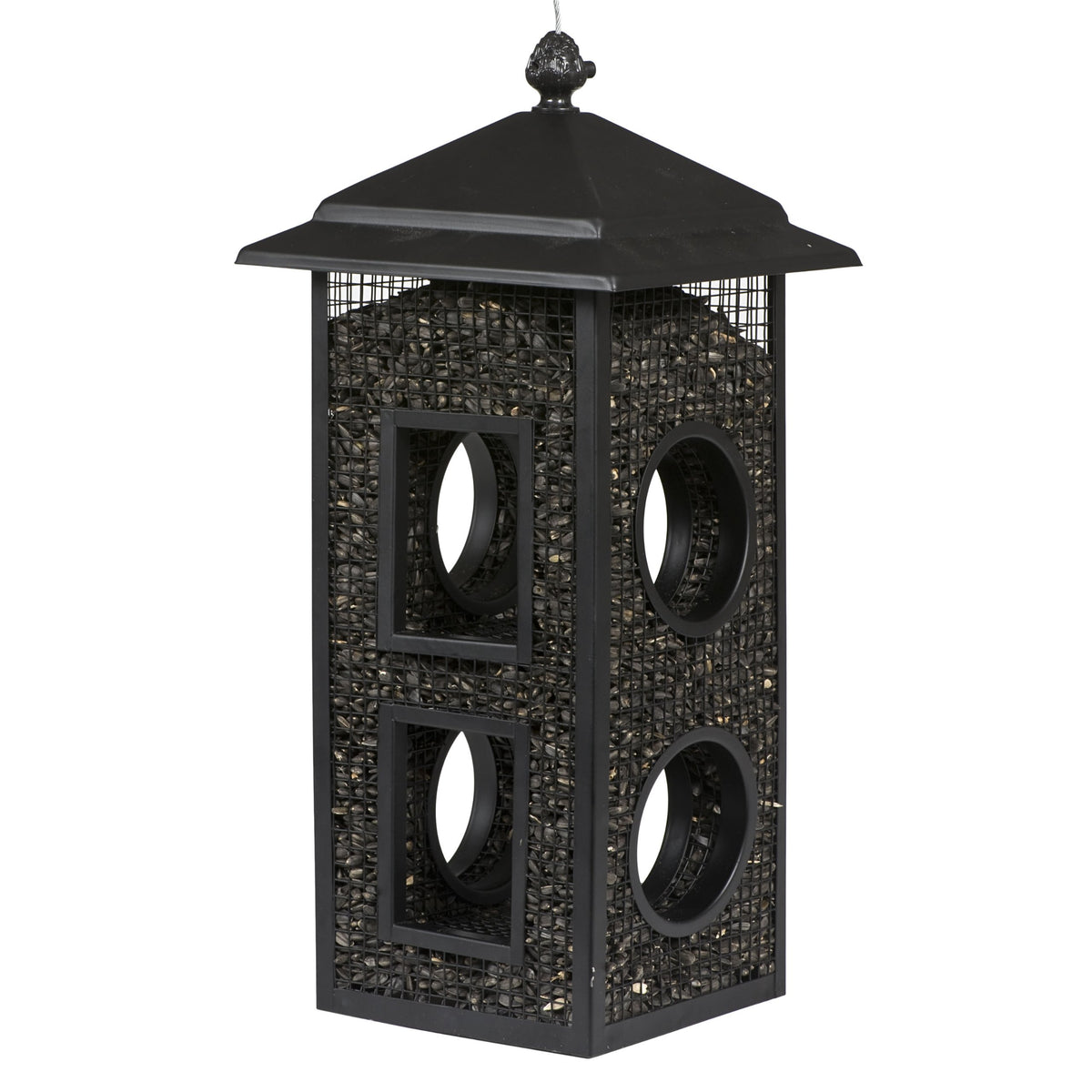 Perky-Pet Fly-Thru feeder front view with four mesh sides attracting clinging birds to dine