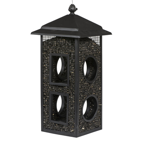 Perky-Pet Fly-Thru feeder front view with four mesh sides attracting clinging birds to dine