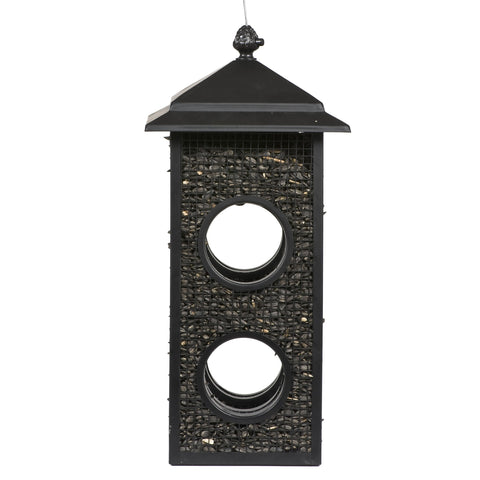 Perky-Pet Fly-Thru feeder side view showing two feeding stations for perch dining