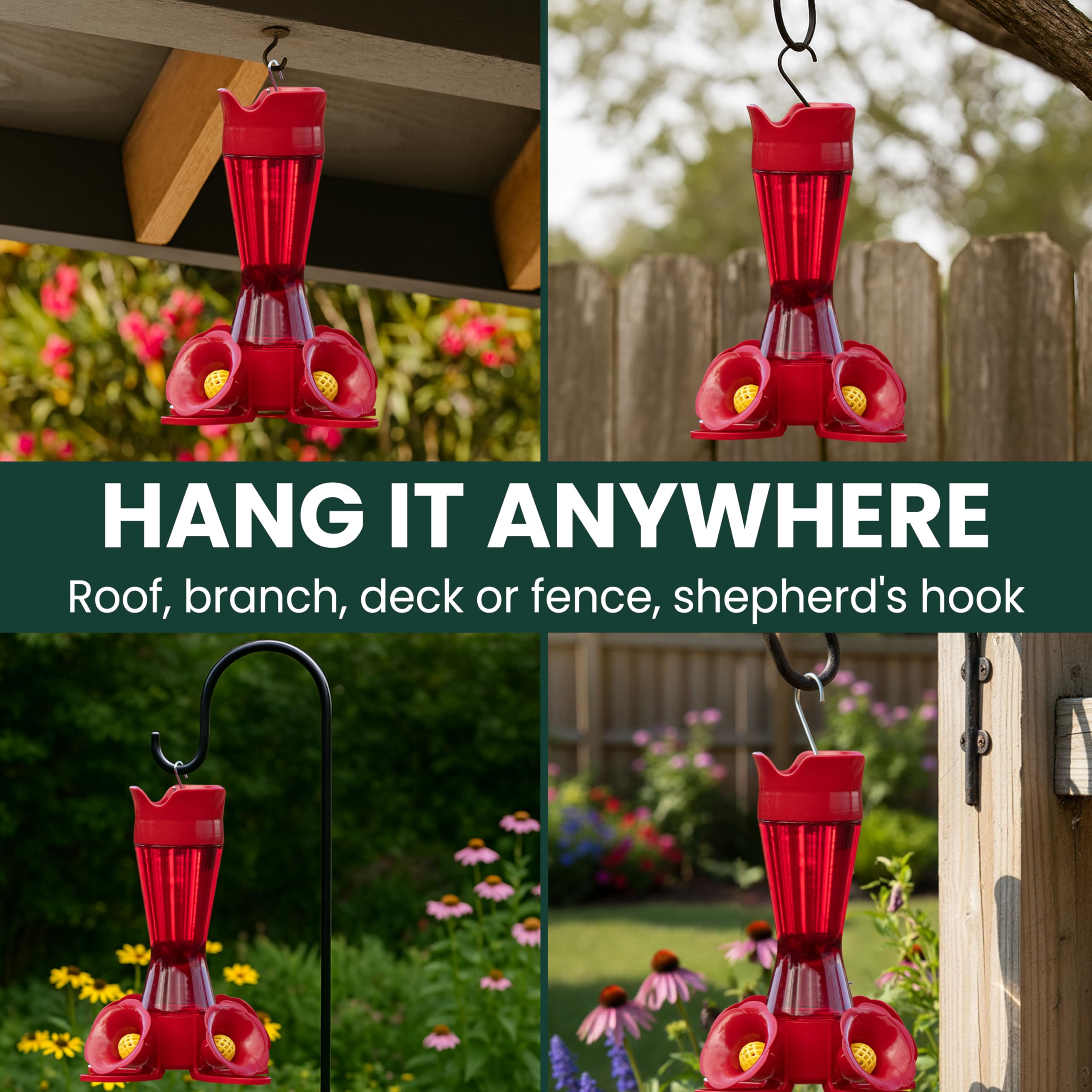 Perky-Pet translucent red bottle attracts hummingbirds in sun.