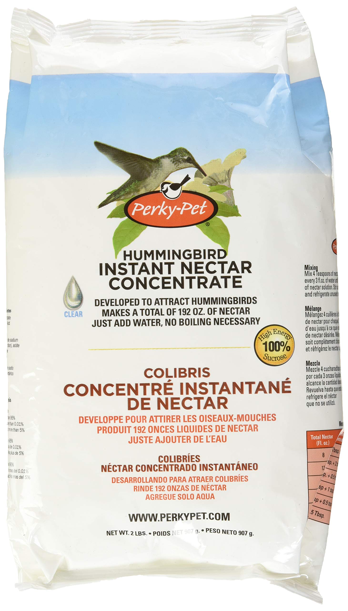Perky-Pet hummingbird nectar powder bag offers bulk feeding and easy storage.